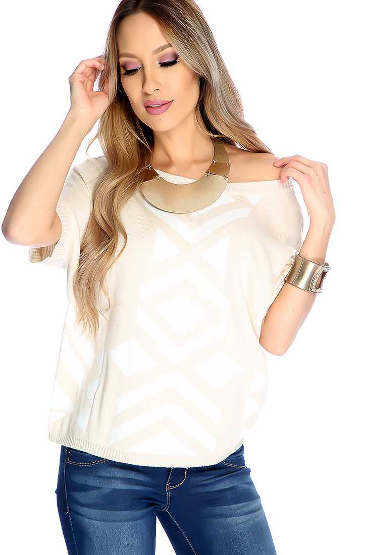 Cream Two Tone Short Sleeve Sweater Top