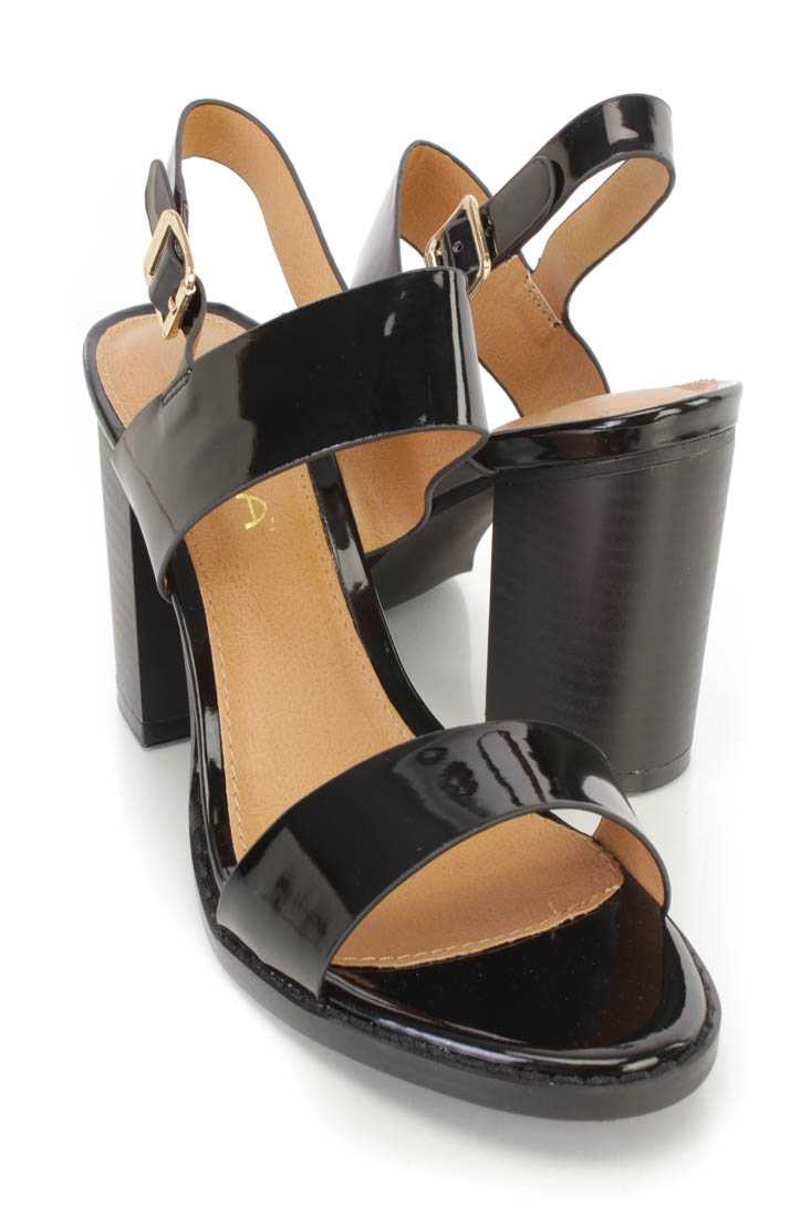 Black Open Toe Chunky Heel Sandal Heels Patent Faux Leather