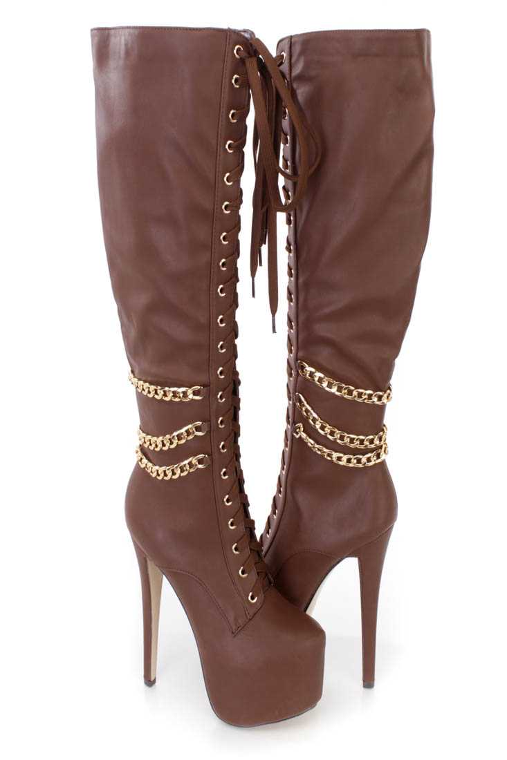 Brown Lace Up Chain Draped High Heel Boots Faux Leather