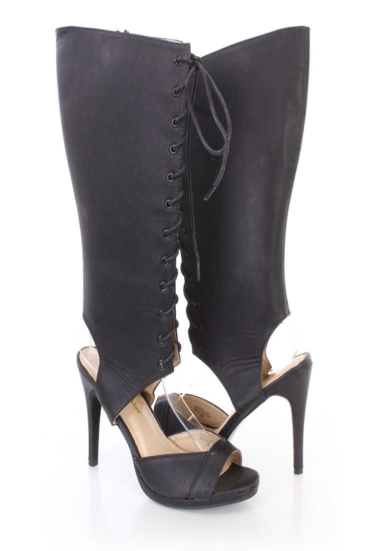 Black Cut Out Peep Toe Lace Up Boots Faux Leather