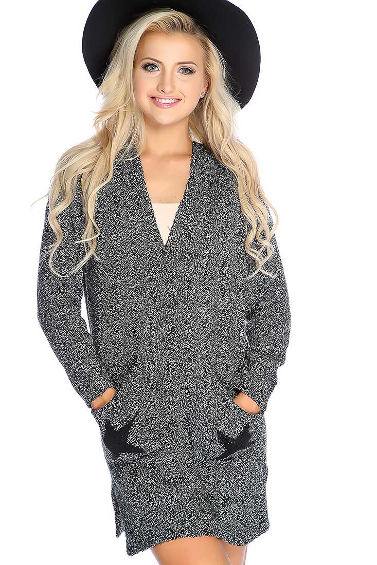 Black Long Sleeve Star Knit V Neck Oversized Cardigan