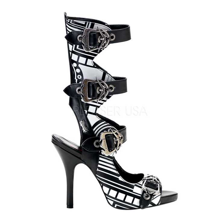 Black White UV Printed Strappy High Heels Faux Leather