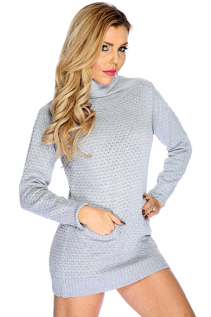 Light Grey Long Sleeve Open Knit Cowl Neck Causal Sweater