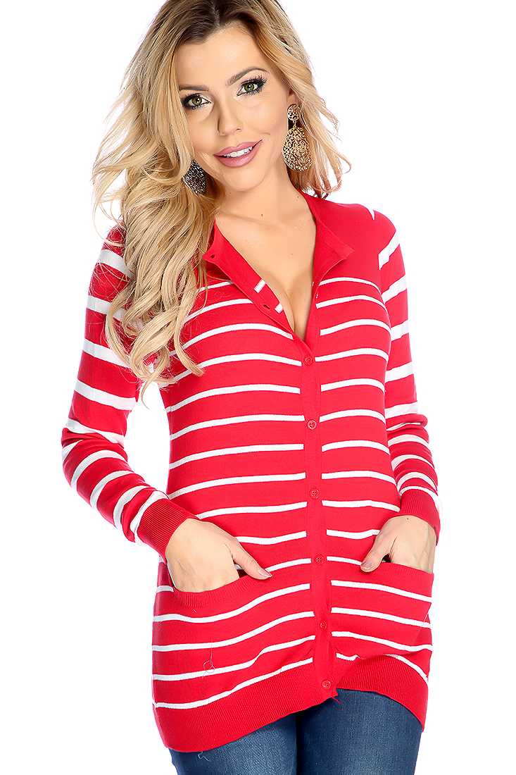 Red Long Sleeves Button Up Closure V Neck Two Tone Front Pocket Sweater