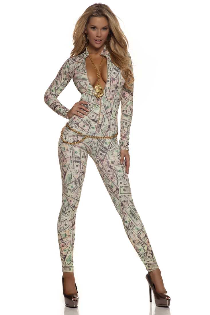 Money Print Long Sleeves Sexy Catsuit Costume
