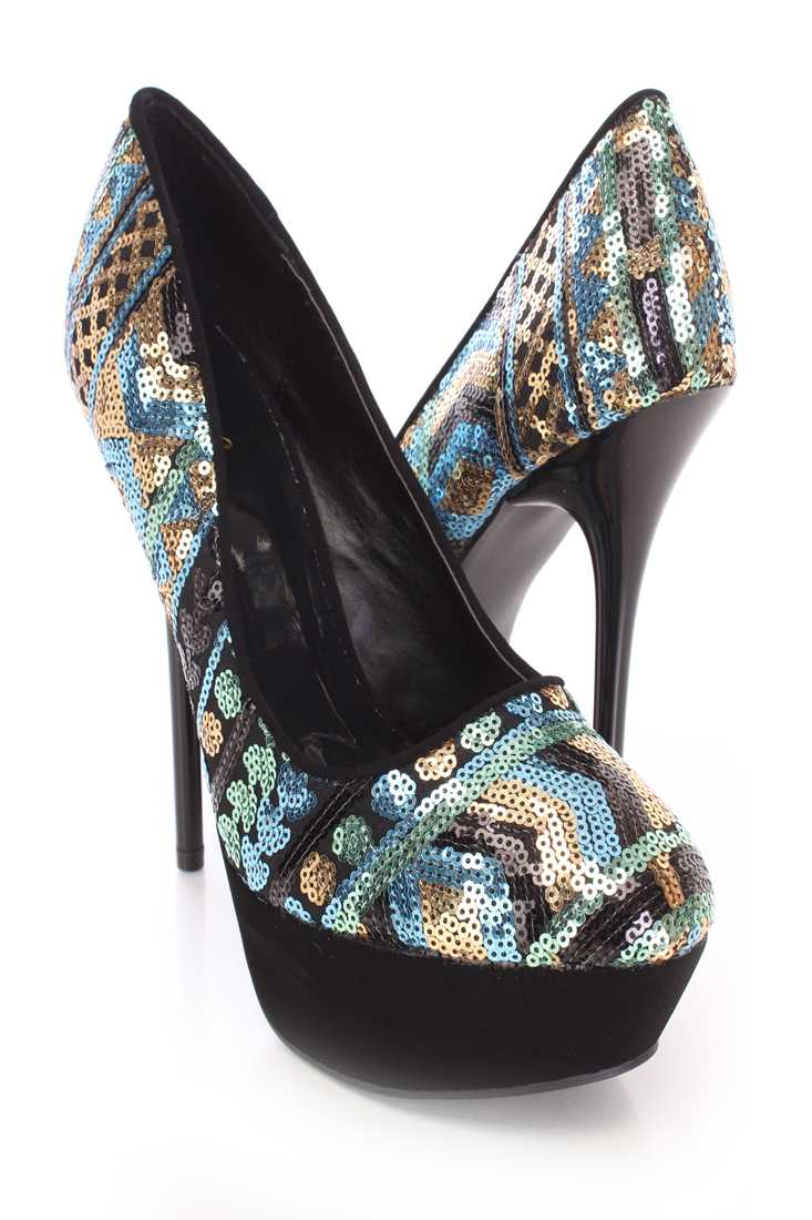 Blue Sequin Design Pump Stiletto High Heels
