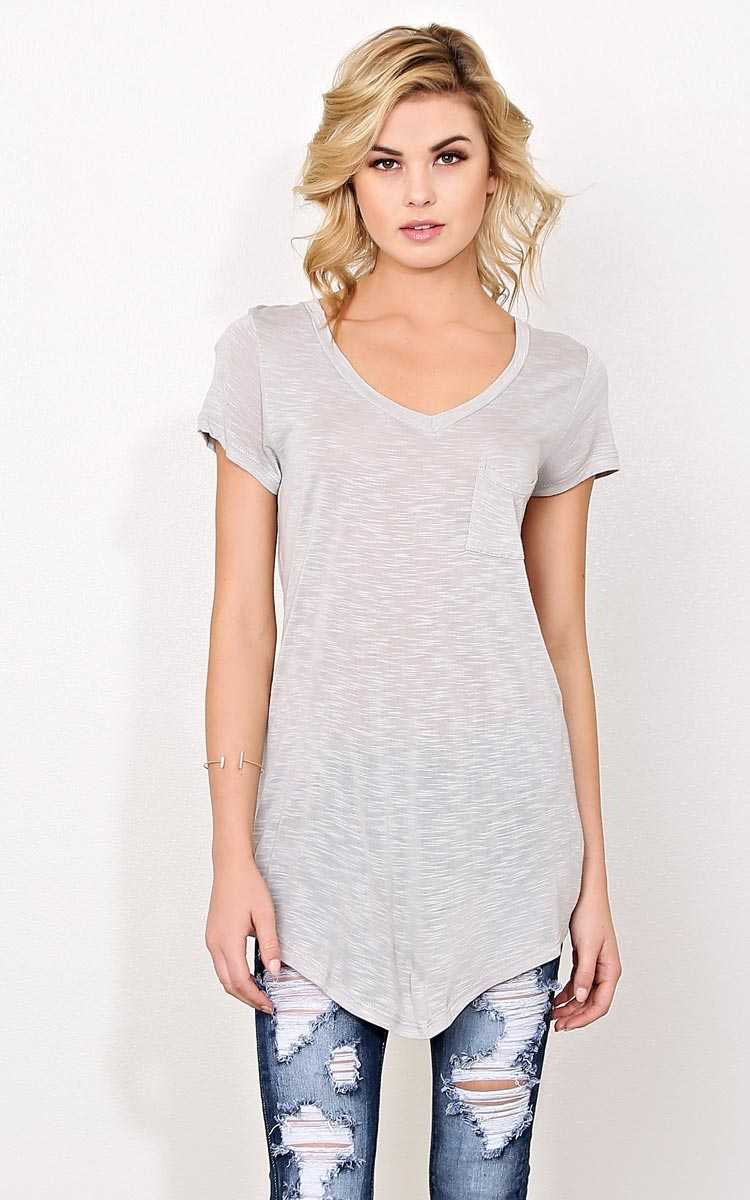 Silver V Neck Pocket Tee - - Silver in Size by Styles For Less