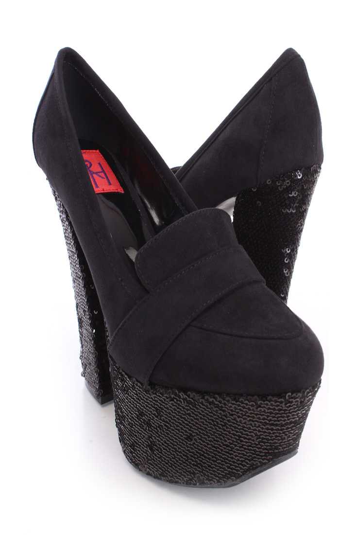 Black Sequin Platform Chunky High Heels Faux Suede