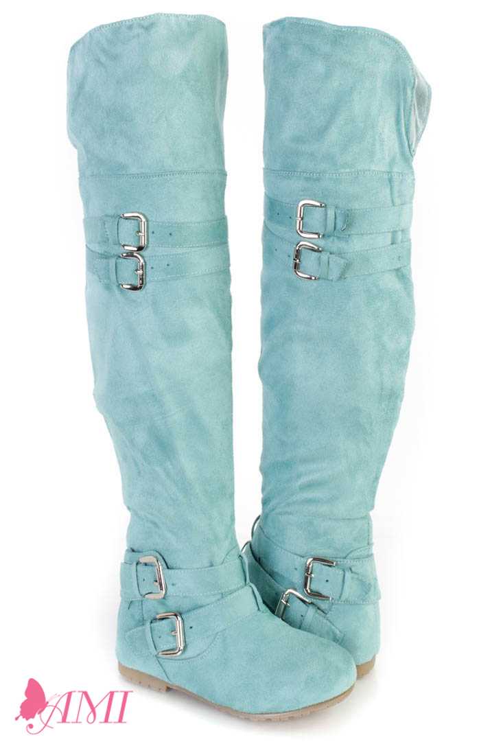Mint Buckle Accents Thigh High Flat Boots Faux Suede