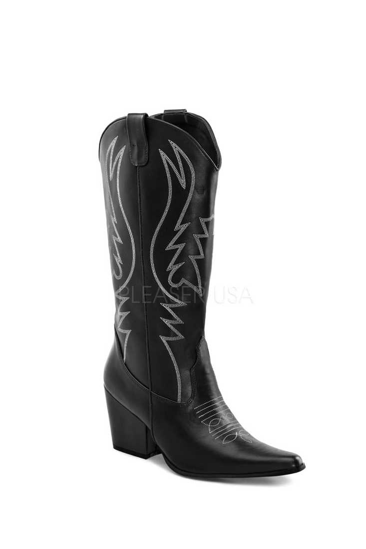 Black Tonal Stitched Cowboy Boots Faux Leather