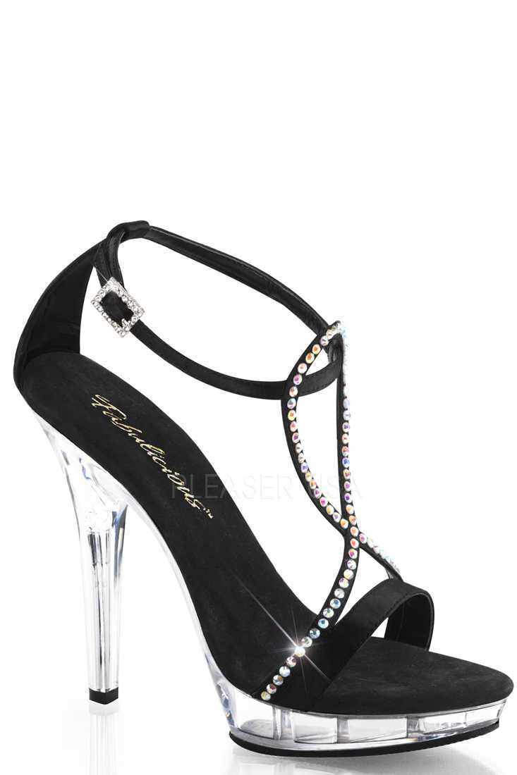 Black Rhinestone Strappy High Heels Satin