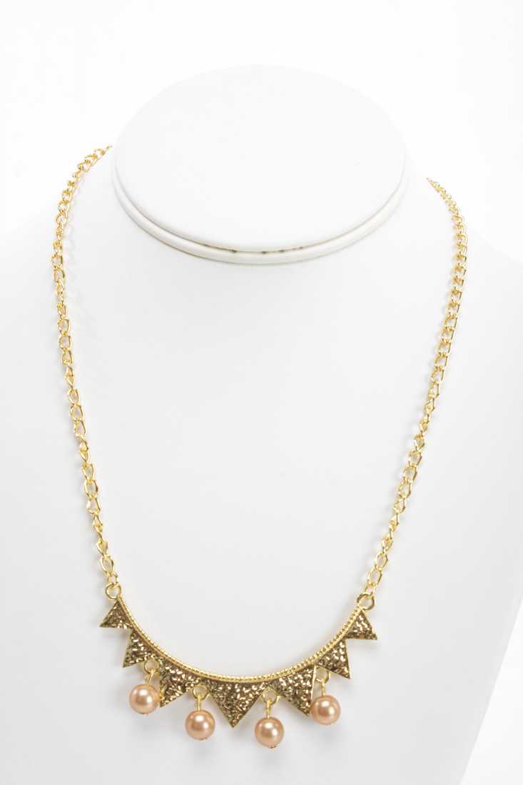 Bronze Gold Hammered Metal Beaded Dangle Necklace