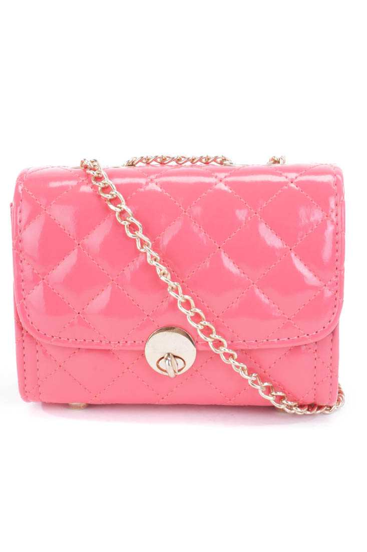 Coral Patent Faux Leather Quilted Mini Handbag
