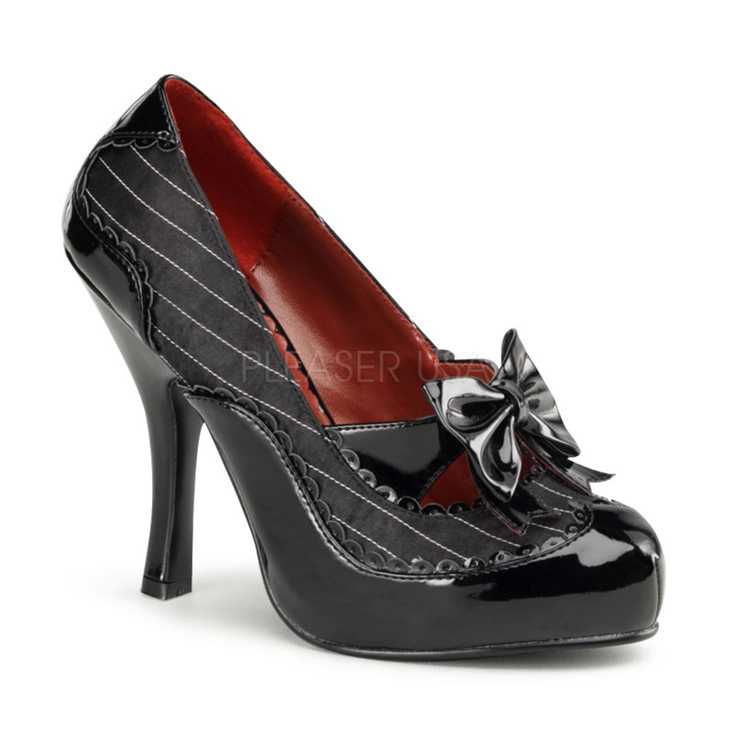 Black Satin White Patent Pinstripe Bow Front Gangster High Heels