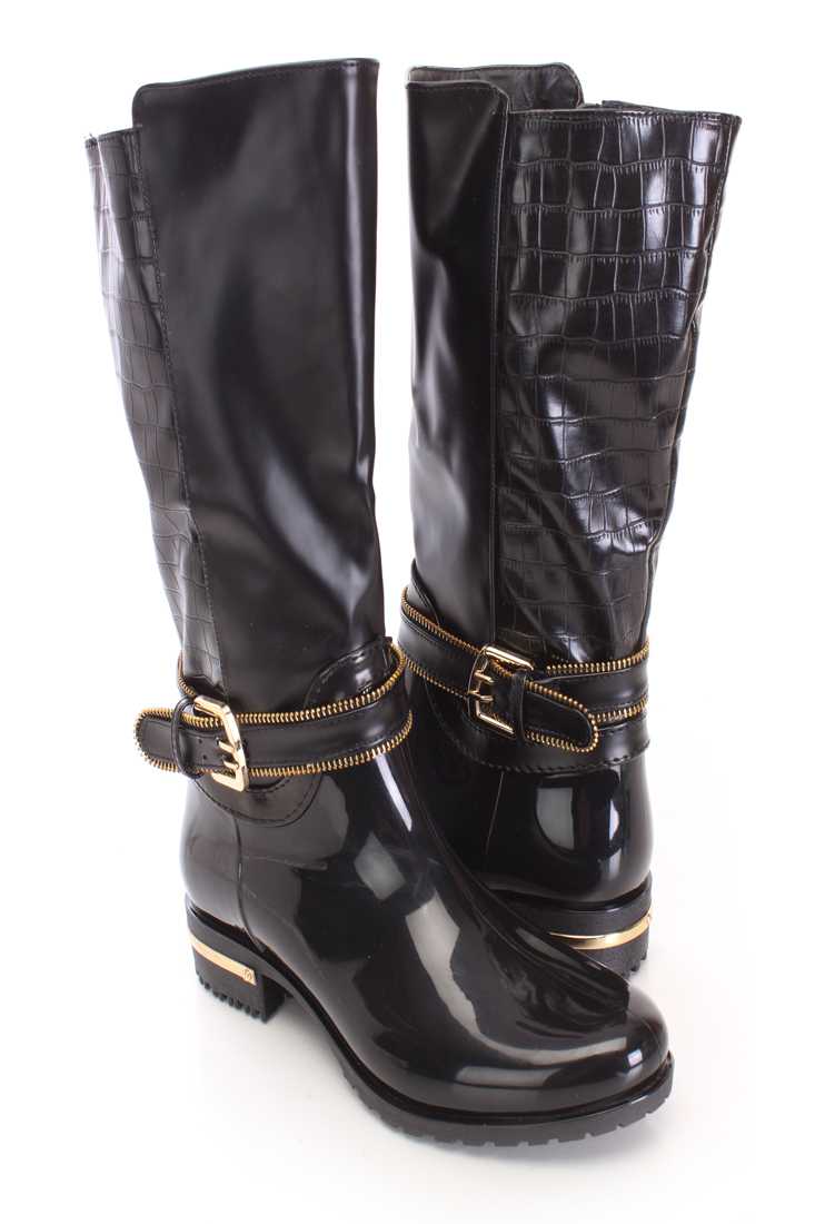 Black Croc Skin Textured Boots Rubber Faux Leather
