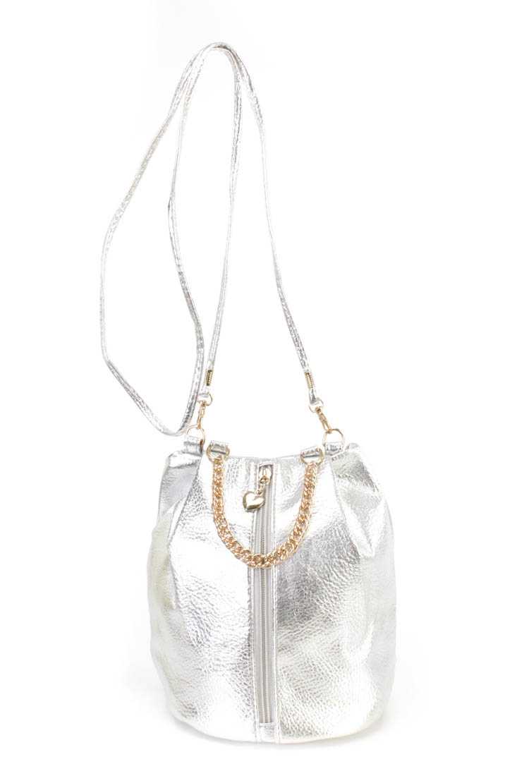 Silver Crinkle Faux Leather Bucket Handbag