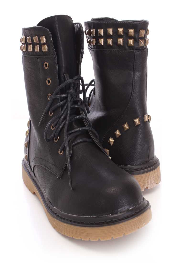 Black Lace Up Studded Boots Faux Leather