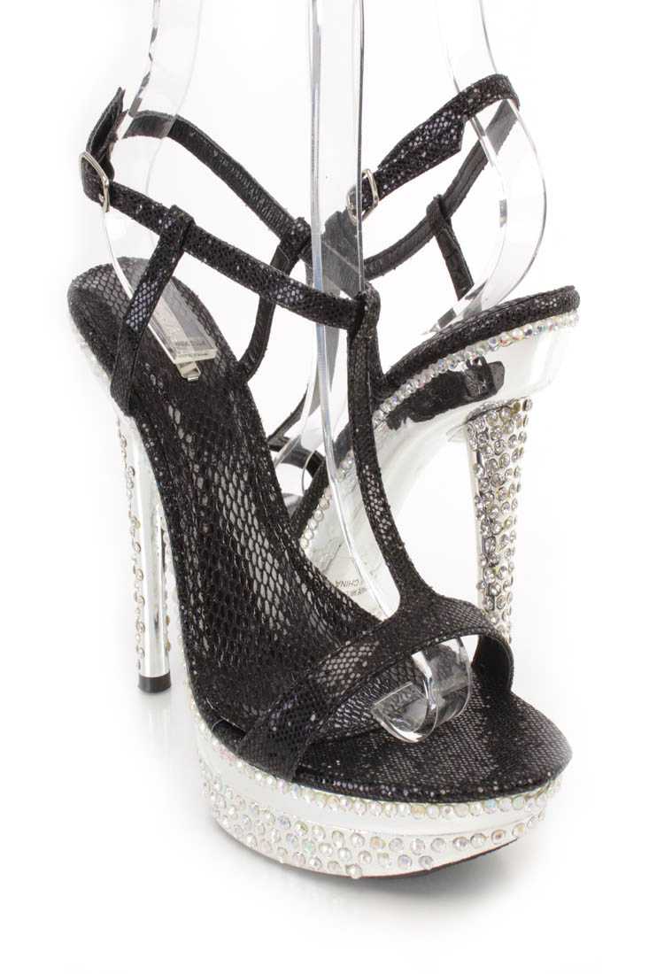 Black T Strap Rhinestone Platform High Heels Glitter