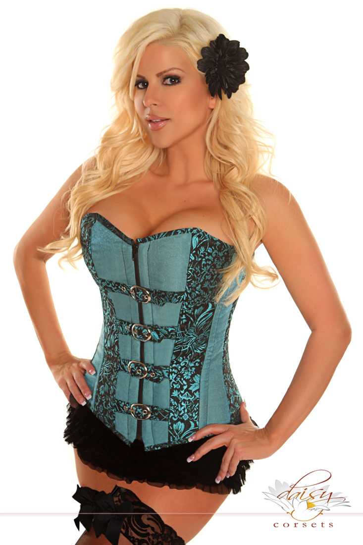 Blue Buckled Brocade Steel Boned Corset