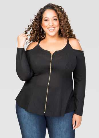 Zip Front Cold Shoulder Top