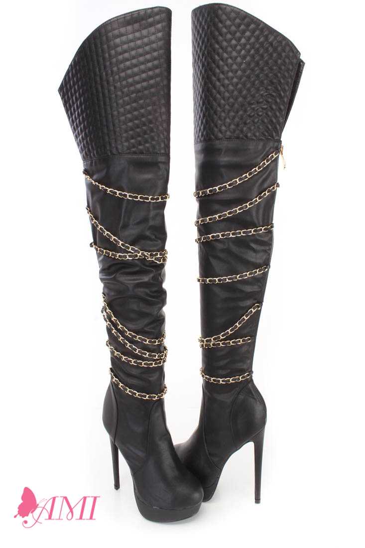 Black Stitched Chain Strappy Thigh High Heel Boots Faux Leather