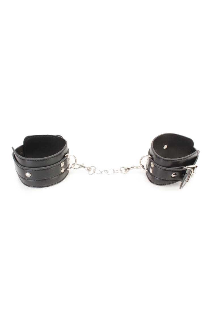 Black Faux Leather Attached Chain Restraints Bracelets