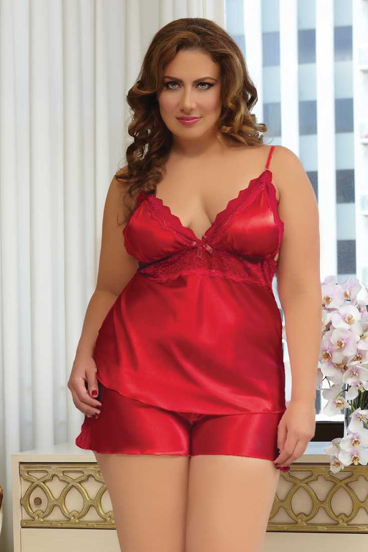 Red Plus Size Satin Lace Cami And Tap Shorts Intimate Set
