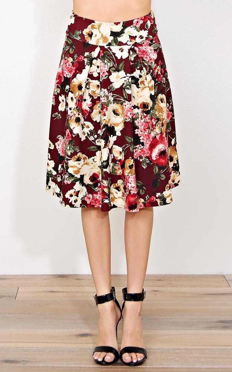 Floral Flow Knit Skirt - - Wine Combo in Size by Styles For Less