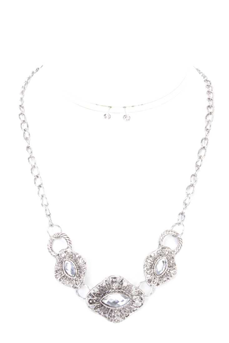 Clear Silver Intricate Design Rhinestone Necklace