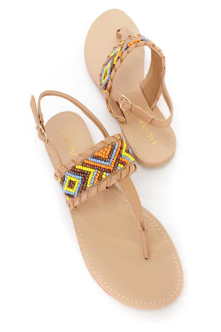 Light Tan Tribal Beaded Slingback Sandals Faux Leather