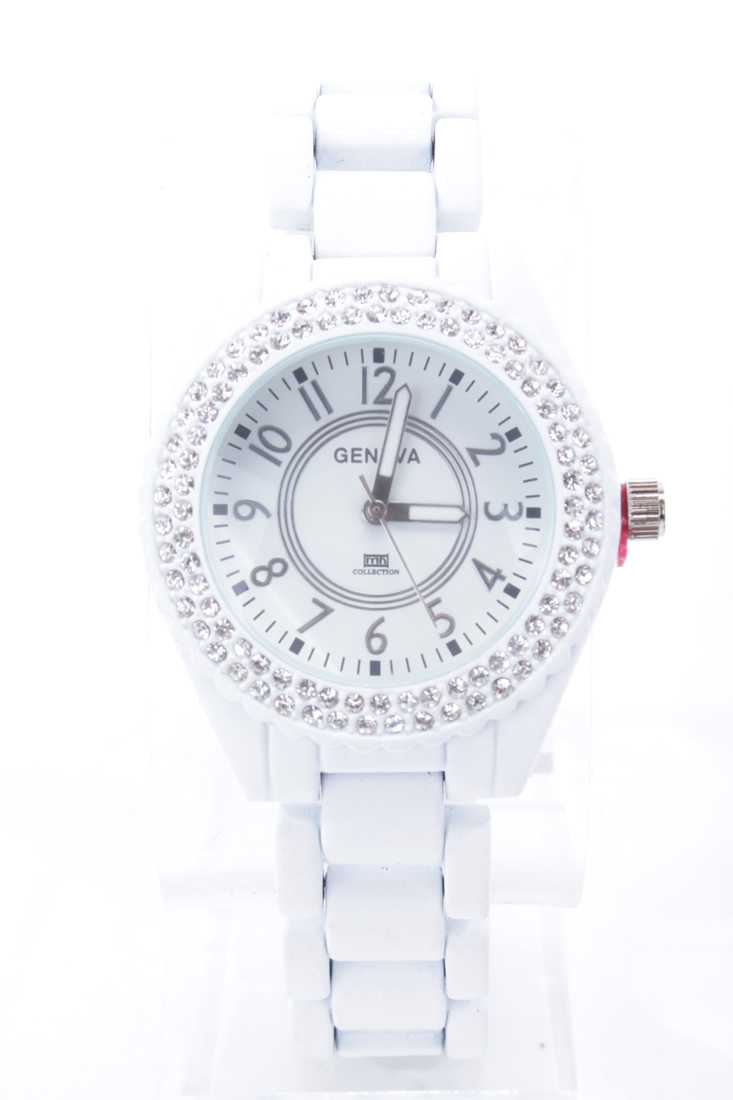 White Rhinestone Round Frame Rubber Band Watch