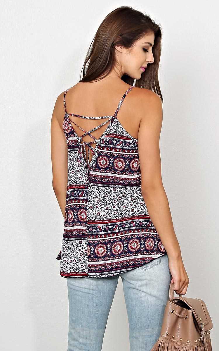 Floral Fest Lace Up Woven Top - XLGE - Navy Combo in Size X-Large by Styles For Less