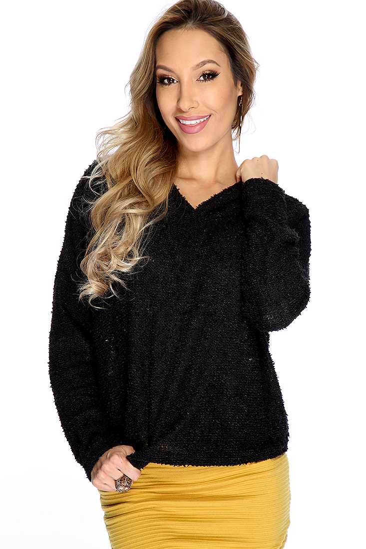 Black Long Sleeve Hooded Textured Knit Casual Sweater