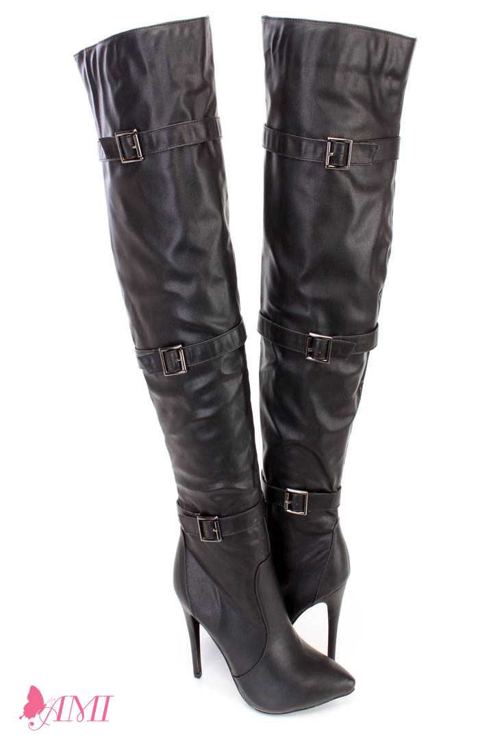 Black Sexy Buckle Strap Thigh High Heel Boots Faux Leather