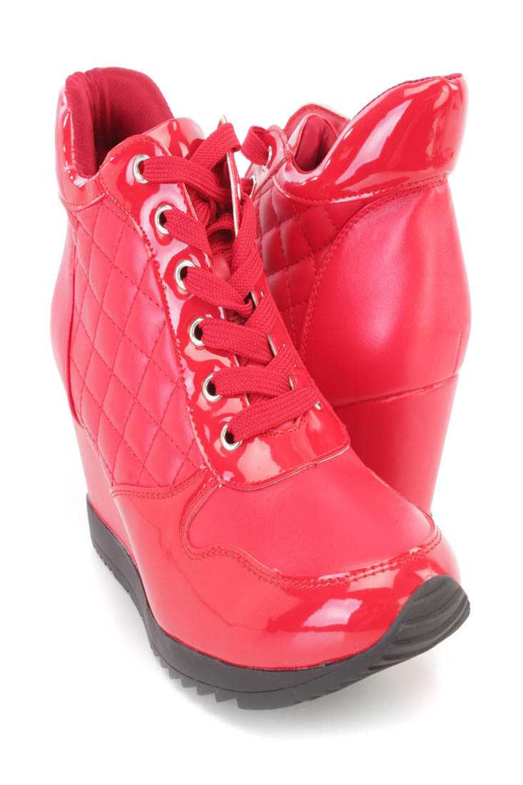 Red Quilted Lace Up Sneaker Wedges Faux Leather