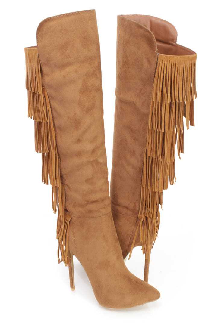 Tan Fringe Pointy Toe High Heel BootsFaux Suede