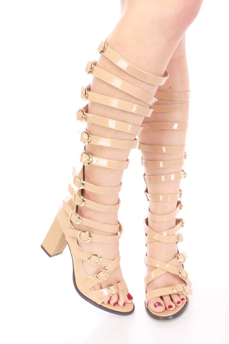 Nude Buckled Gladiator Chunky Heels Patent