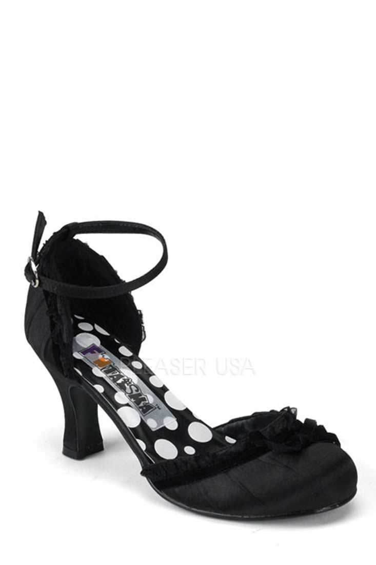 Black Ruffle Trim Ankle Strap High Heels Satin