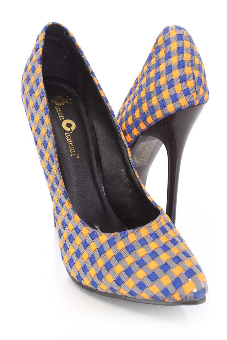 Orange Checker Pattern Single Sole Pump High Heels Fabric