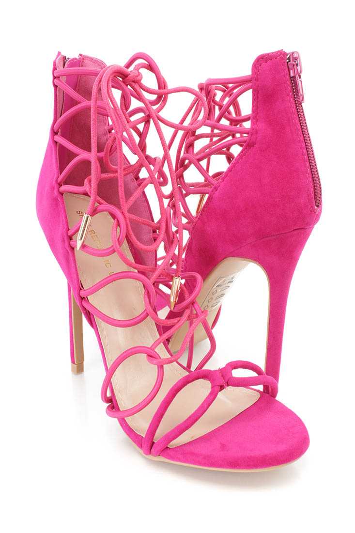 Fuchsia String Lace Up Single Sole High Heels Faux Suede