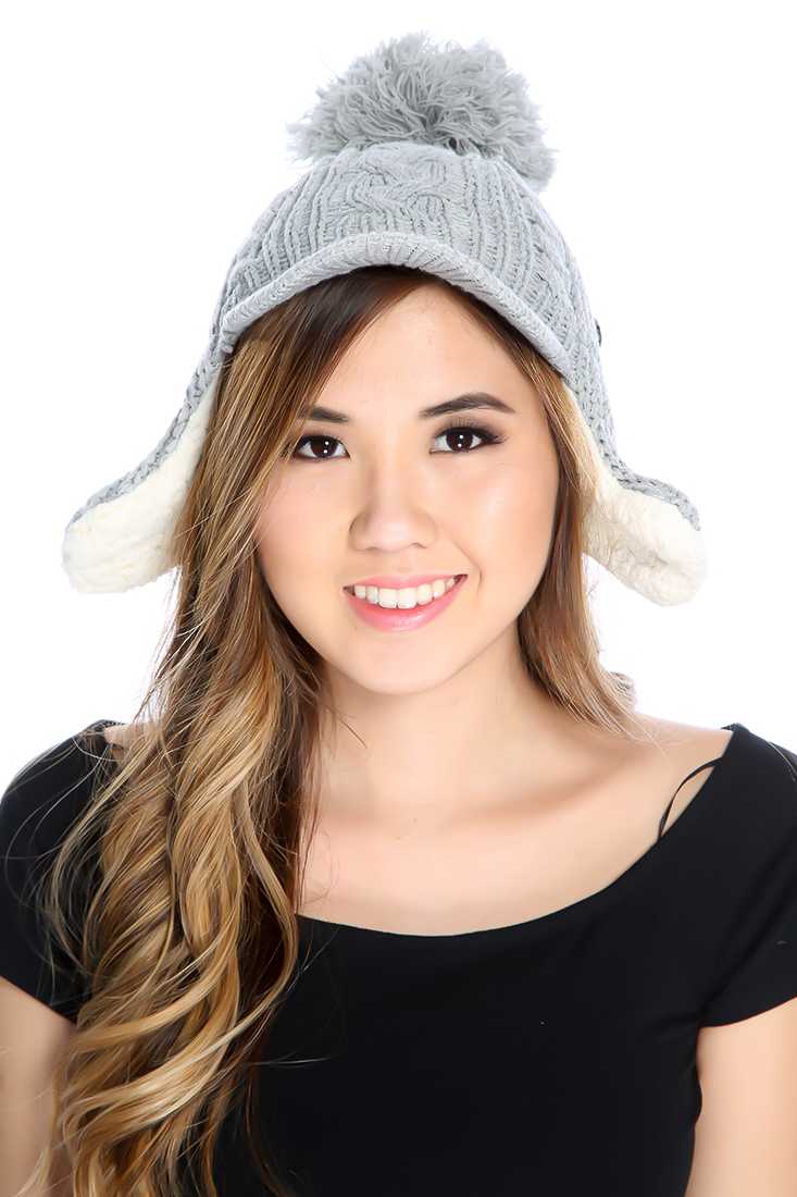 Grey Cable Knit Trapper Beanie