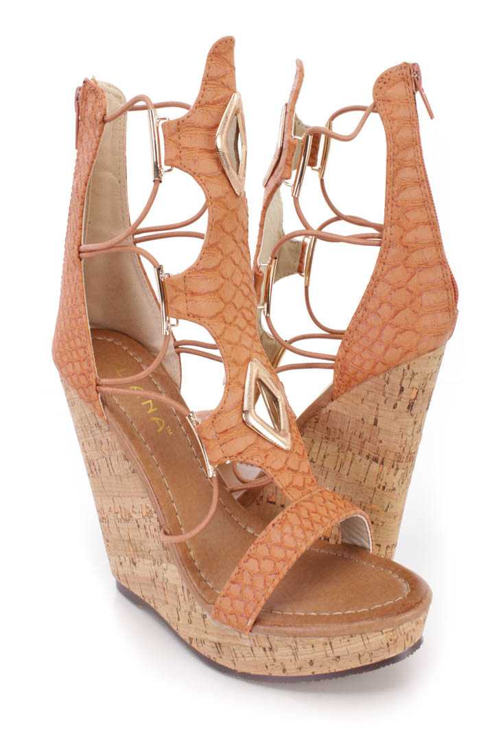 Camel Snake Texture Open Toe Cork Wedges Faux Leather