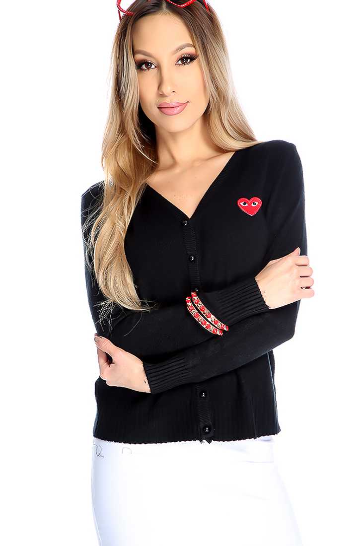 Black Button Up Heart Patch Cardigan