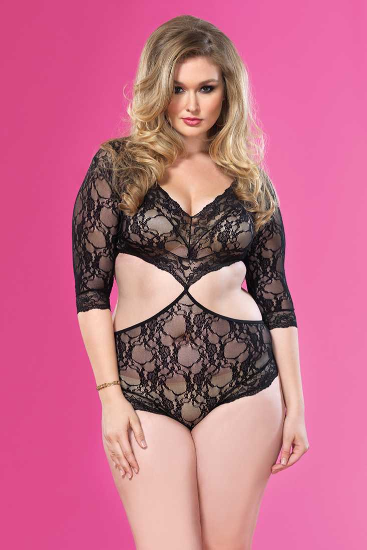 Black Floral Lace Cut Out Teddy Plus Size