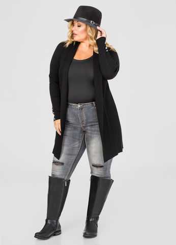 Long Ribbed Button Cuff Cardigan