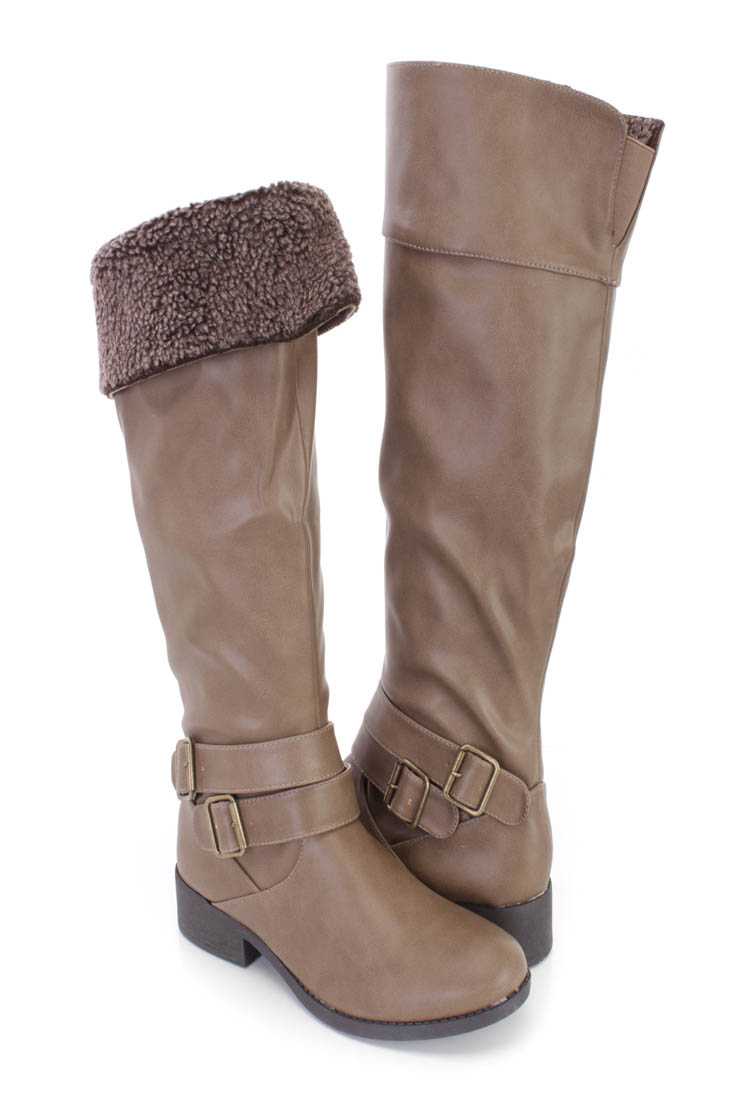 Taupe Faux Shearing Cuffed Riding Boots Faux Leather