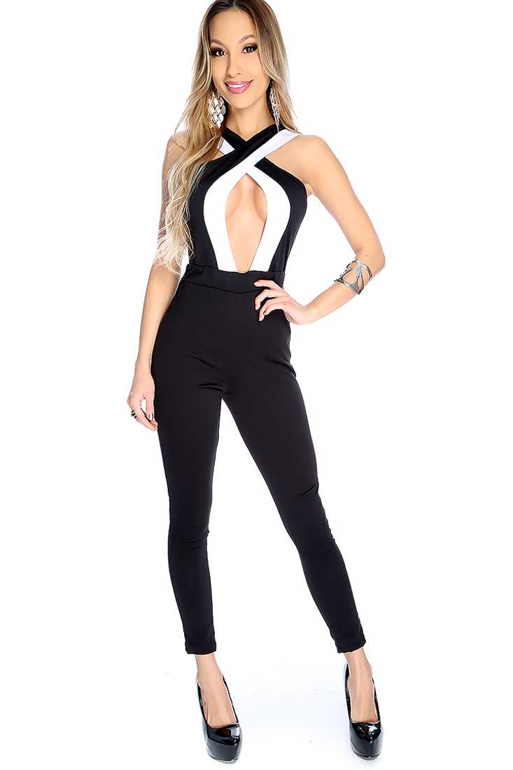 Sexy White Black Sleeveless Criss Cross Cut Out Jumpsuit