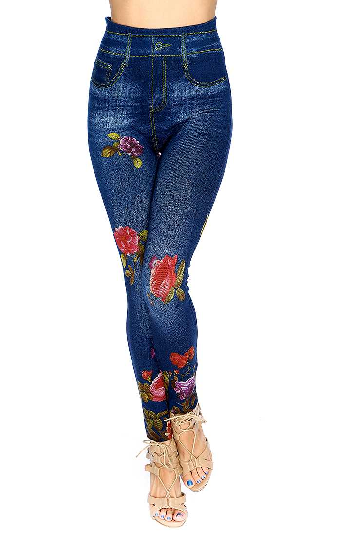 Navy Floral Print High Waist Jeggings