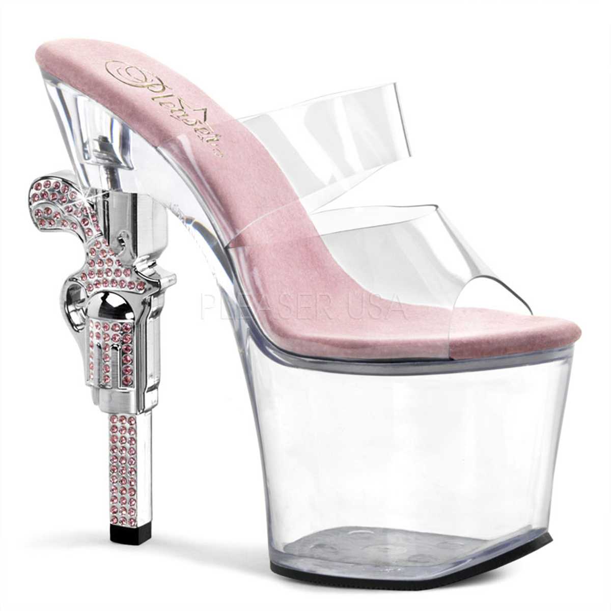 Clear Baby Pink 2 Band Platform Rhinestone Gun Heels PVC