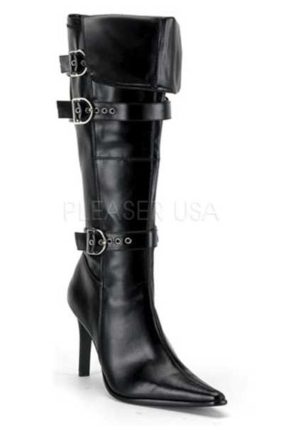 Black Faux Leather Pointy Toe Buckle Straps Knee High Boots